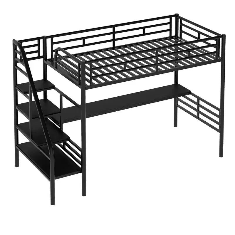 94.40"L 41.40"W 71.70H Struttura letto a soppalco in metallo stile industriale con scrivania e scale integrate - Nero