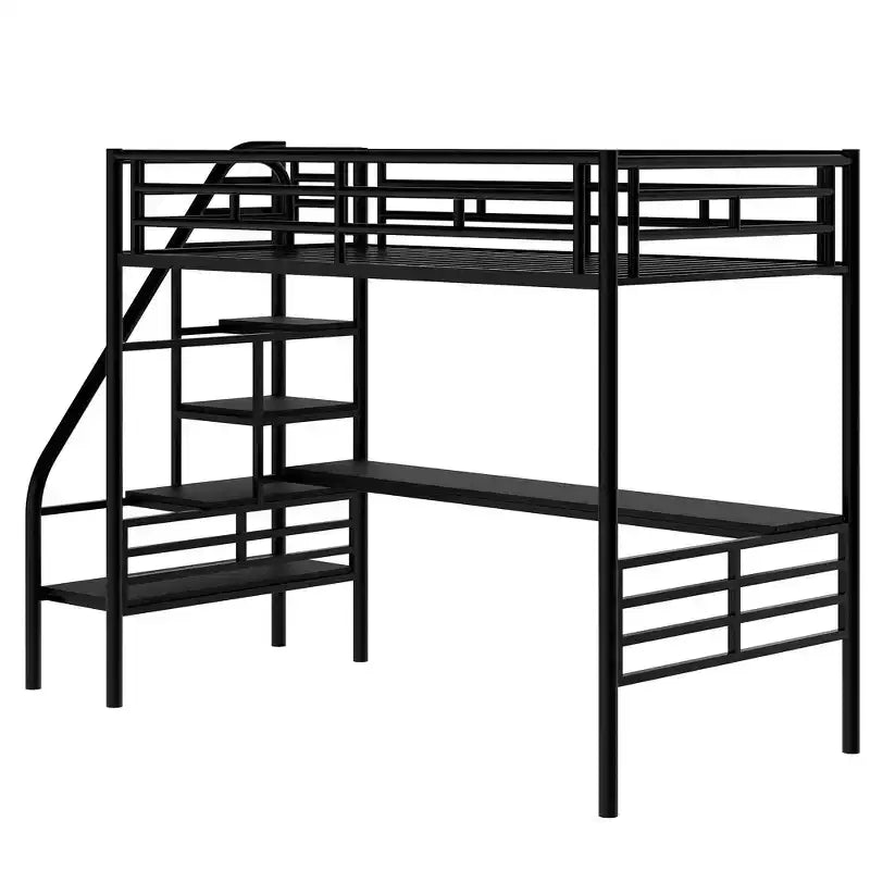94.40"L 41.40"W 71.70H Struttura letto a soppalco in metallo stile industriale con scrivania e scale integrate - Nero