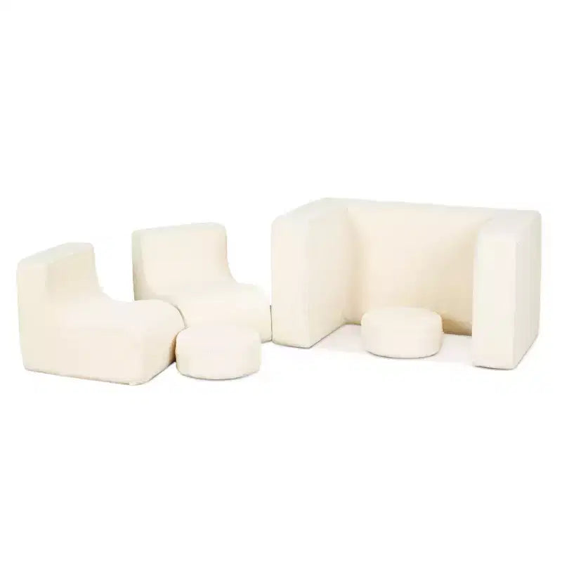 Divano modulare da gioco per bambini, divano convertibile con tavolo, 2 sedie e 2 pouf, divano per bambini in velluto a coste bianco per la sala giochi