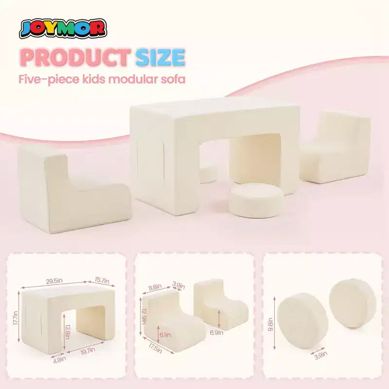 Divano modulare da gioco per bambini, divano convertibile con tavolo, 2 sedie e 2 pouf, divano per bambini in velluto a coste bianco per la sala giochi