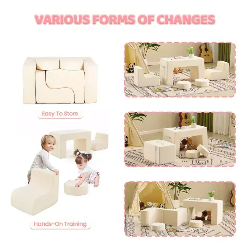 Divano modulare da gioco per bambini, divano convertibile con tavolo, 2 sedie e 2 pouf, divano per bambini in velluto a coste bianco per la sala giochi