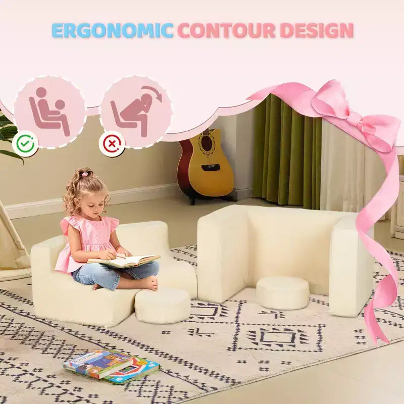Divano modulare da gioco per bambini, divano convertibile con tavolo, 2 sedie e 2 pouf, divano per bambini in velluto a coste bianco per la sala giochi