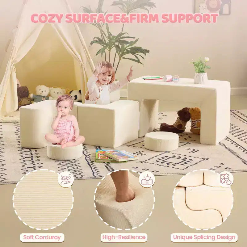 Divano modulare da gioco per bambini, divano convertibile con tavolo, 2 sedie e 2 pouf, divano per bambini in velluto a coste bianco per la sala giochi