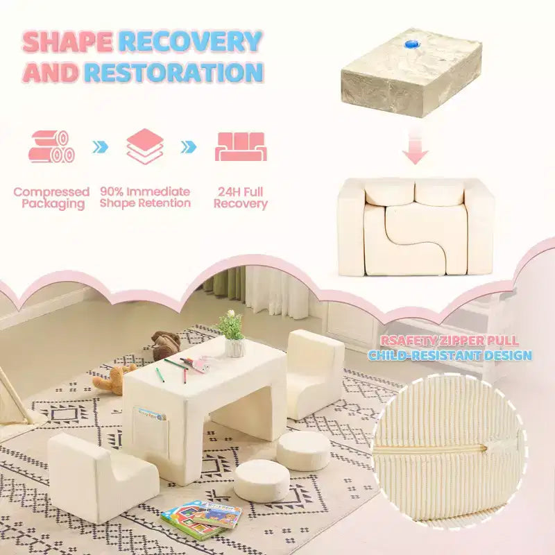 Divano modulare da gioco per bambini, divano convertibile con tavolo, 2 sedie e 2 pouf, divano per bambini in velluto a coste bianco per la sala giochi