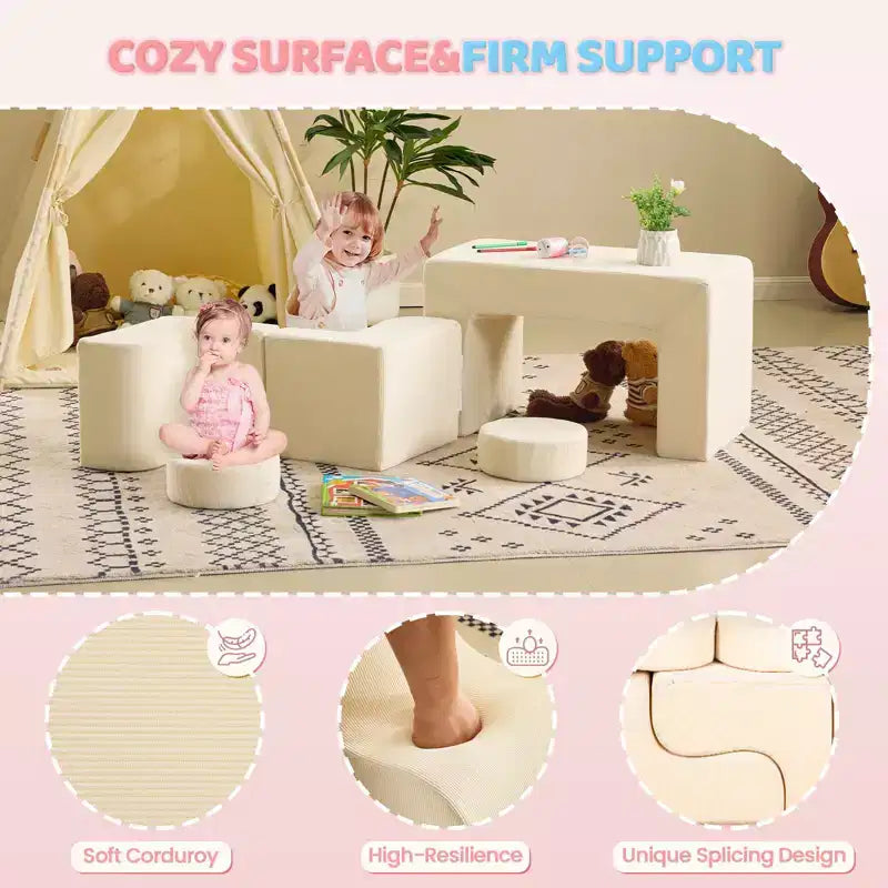 Divano modulare da gioco per bambini, divano convertibile con tavolo, 2 sedie e 2 pouf, divano per bambini in velluto a coste bianco per la sala giochi