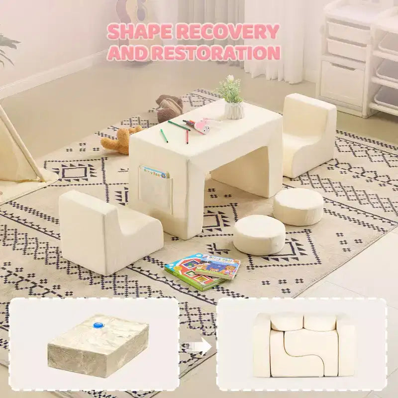 Divano modulare da gioco per bambini, divano convertibile con tavolo, 2 sedie e 2 pouf, divano per bambini in velluto a coste bianco per la sala giochi