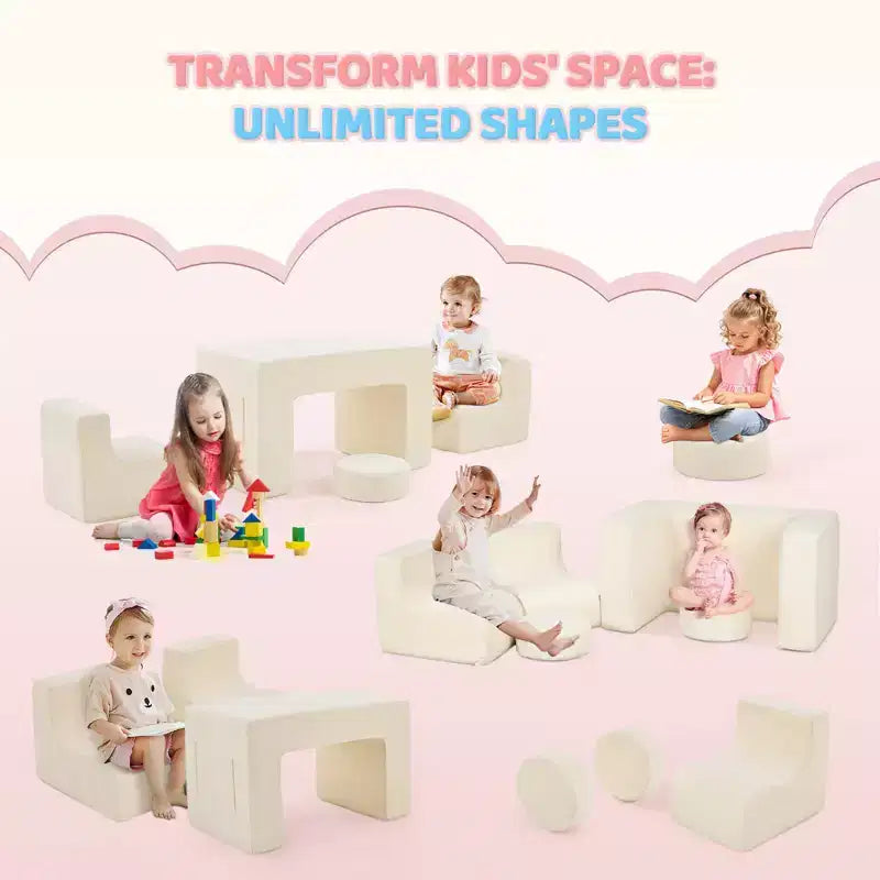 Divano modulare da gioco per bambini, divano convertibile con tavolo, 2 sedie e 2 pouf, divano per bambini in velluto a coste bianco per la sala giochi