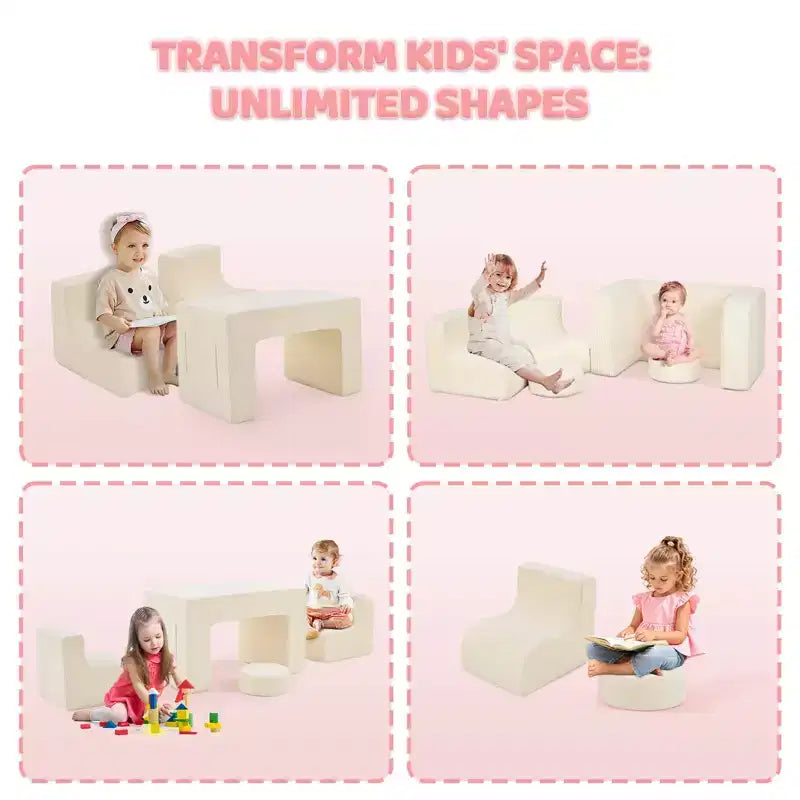 Divano modulare da gioco per bambini, divano convertibile con tavolo, 2 sedie e 2 pouf, divano per bambini in velluto a coste bianco per la sala giochi