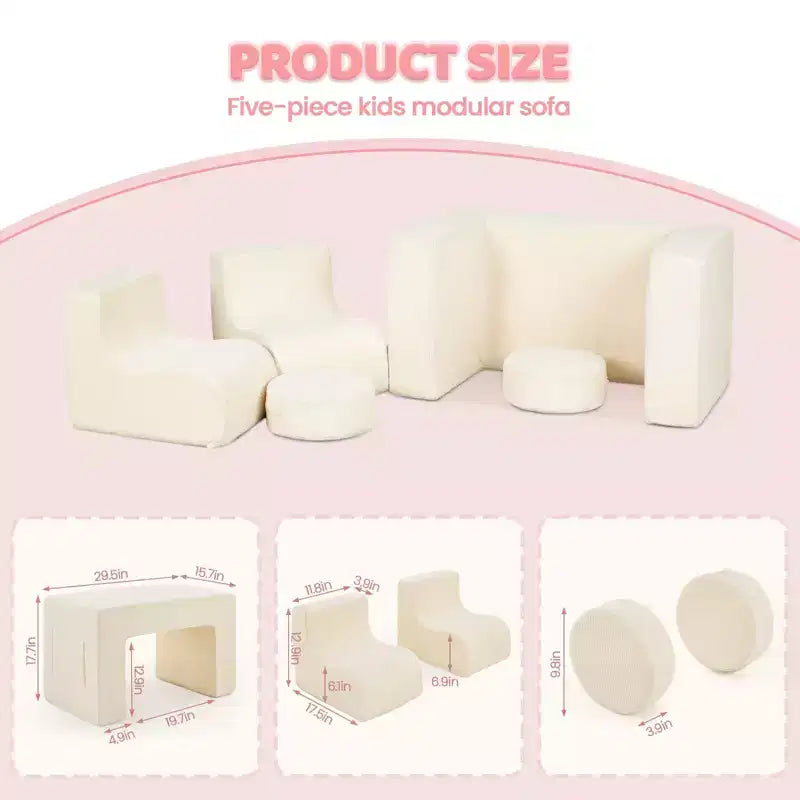 Divano modulare da gioco per bambini, divano convertibile con tavolo, 2 sedie e 2 pouf, divano per bambini in velluto a coste bianco per la sala giochi