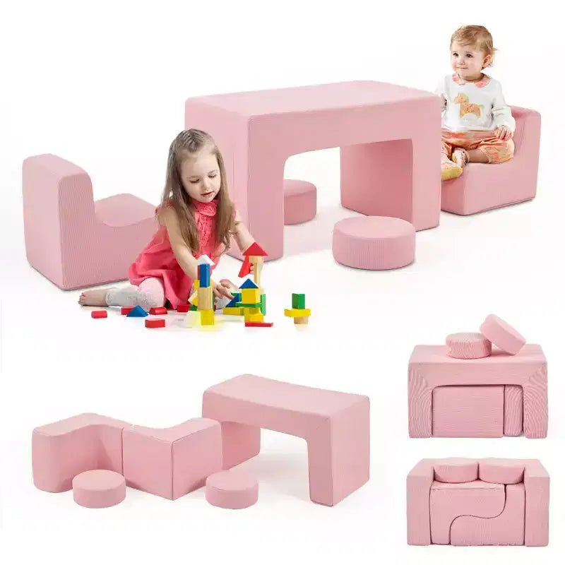 JOYMOR Kids Modular Play Couch Set,Convertible Sofa with Table,2 Chairs & 2 Ottomans,White Corduroy Toddler Sofa for Playroom.
