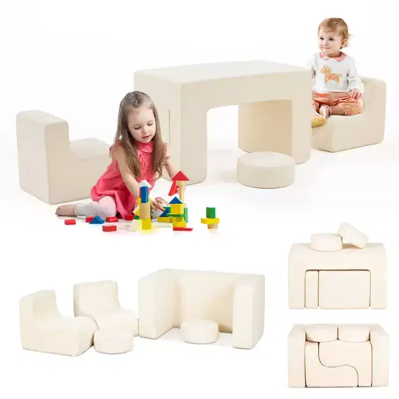 Divano modulare da gioco per bambini, divano convertibile con tavolo, 2 sedie e 2 pouf, divano per bambini in velluto a coste bianco per la sala giochi