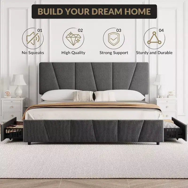 Struttura Letto Queen Size con Testiera Regolabile e 4 Cassetti Contenitore, Struttura Letto Imbottita in Tessuto con Doghe in Legno