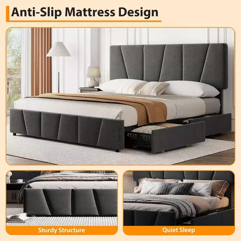 Struttura Letto Queen Size con Testiera Regolabile e 4 Cassetti Contenitore, Struttura Letto Imbottita in Tessuto con Doghe in Legno