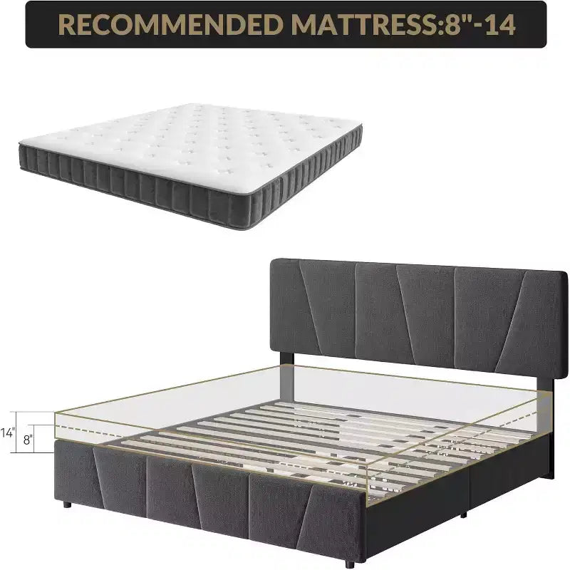 Struttura Letto Queen Size con Testiera Regolabile e 4 Cassetti Contenitore, Struttura Letto Imbottita in Tessuto con Doghe in Legno