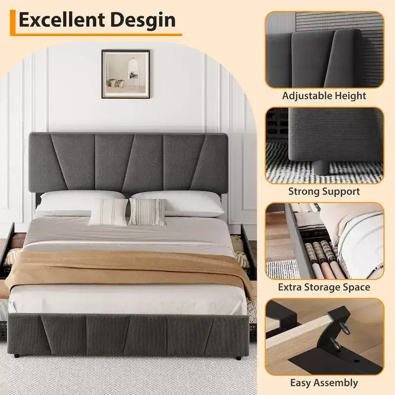 Struttura Letto Queen Size con Testiera Regolabile e 4 Cassetti Contenitore, Struttura Letto Imbottita in Tessuto con Doghe in Legno