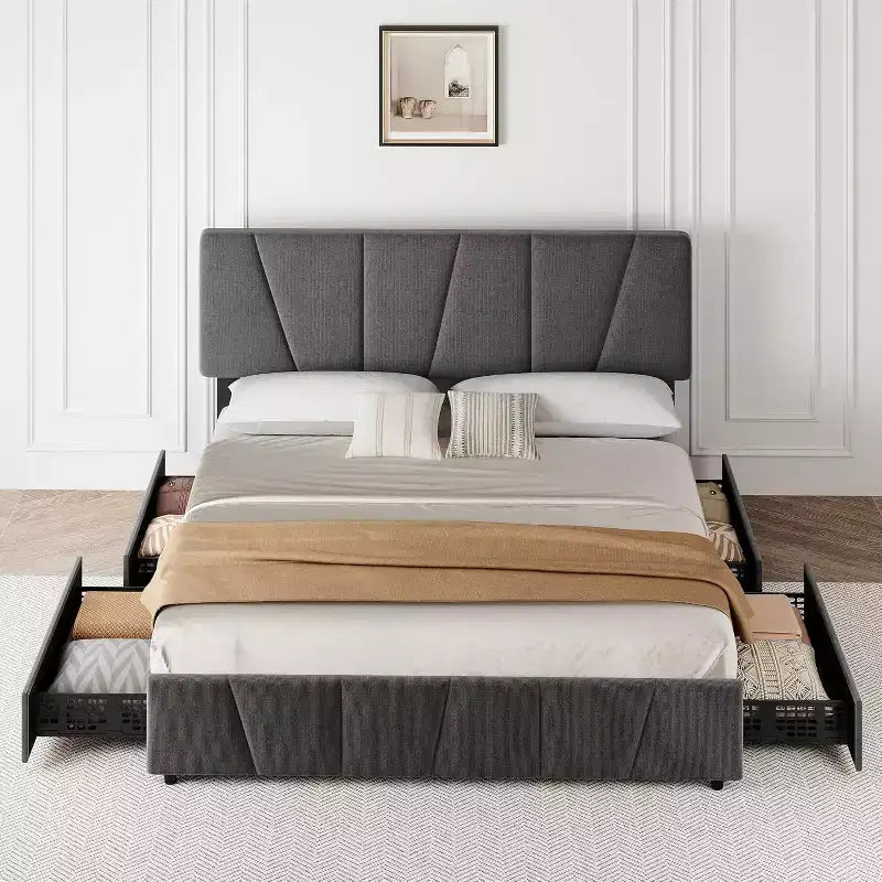 Struttura Letto Queen Size con Testiera Regolabile e 4 Cassetti Contenitore, Struttura Letto Imbottita in Tessuto con Doghe in Legno