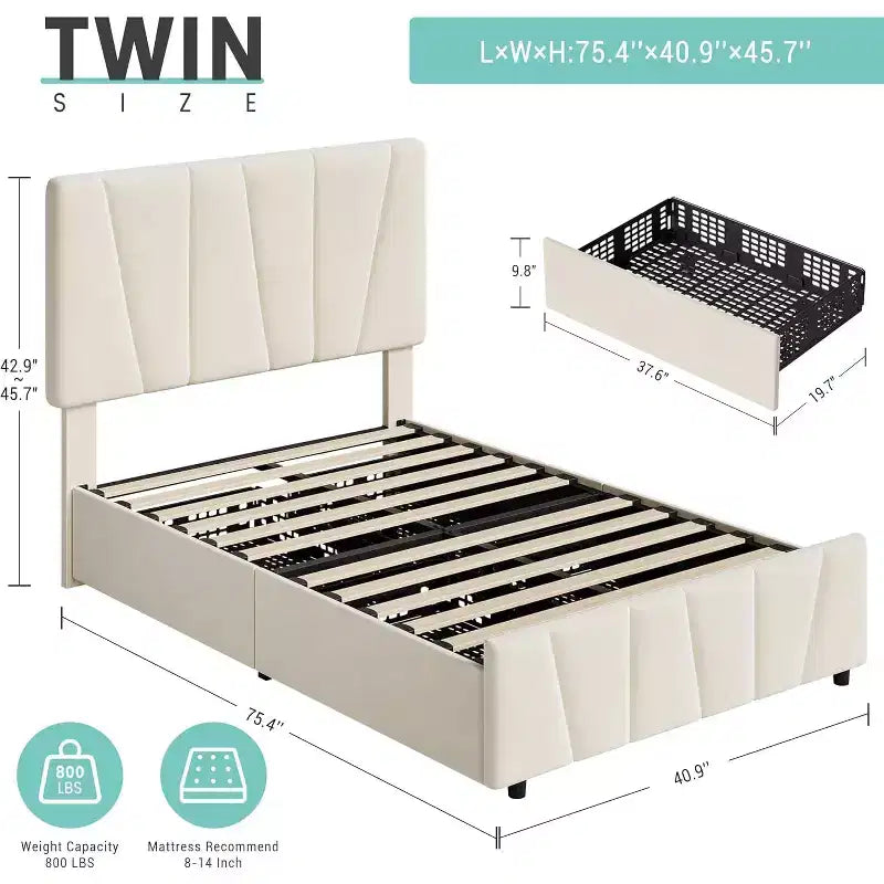 Struttura Letto Queen Size con Testiera Regolabile e 4 Cassetti Contenitore, Struttura Letto Imbottita in Tessuto con Doghe in Legno