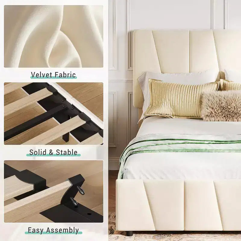 Struttura Letto Queen Size con Testiera Regolabile e 4 Cassetti Contenitore, Struttura Letto Imbottita in Tessuto con Doghe in Legno