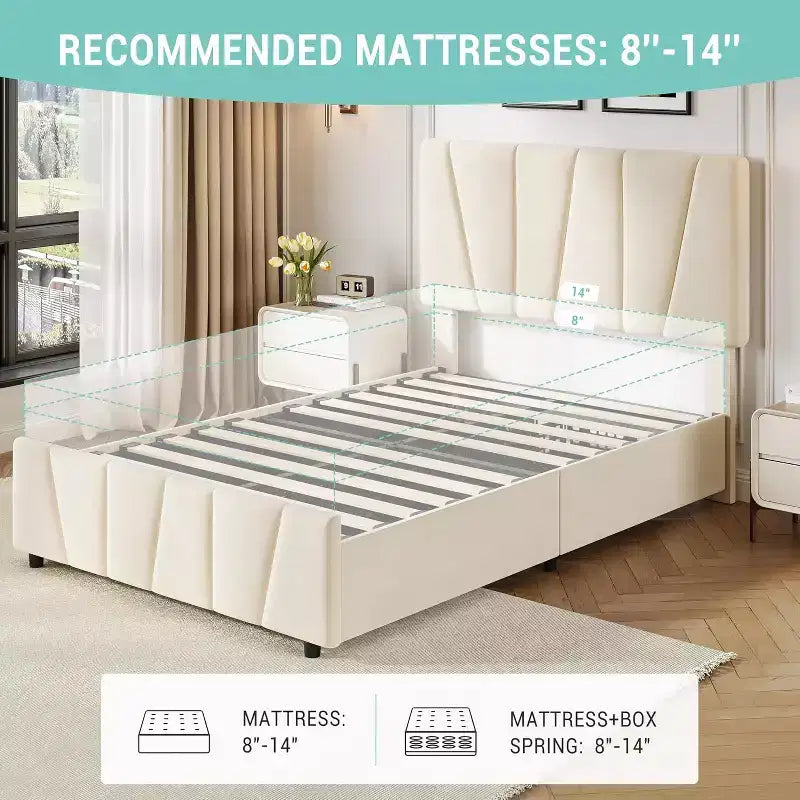 Struttura Letto Queen Size con Testiera Regolabile e 4 Cassetti Contenitore, Struttura Letto Imbottita in Tessuto con Doghe in Legno
