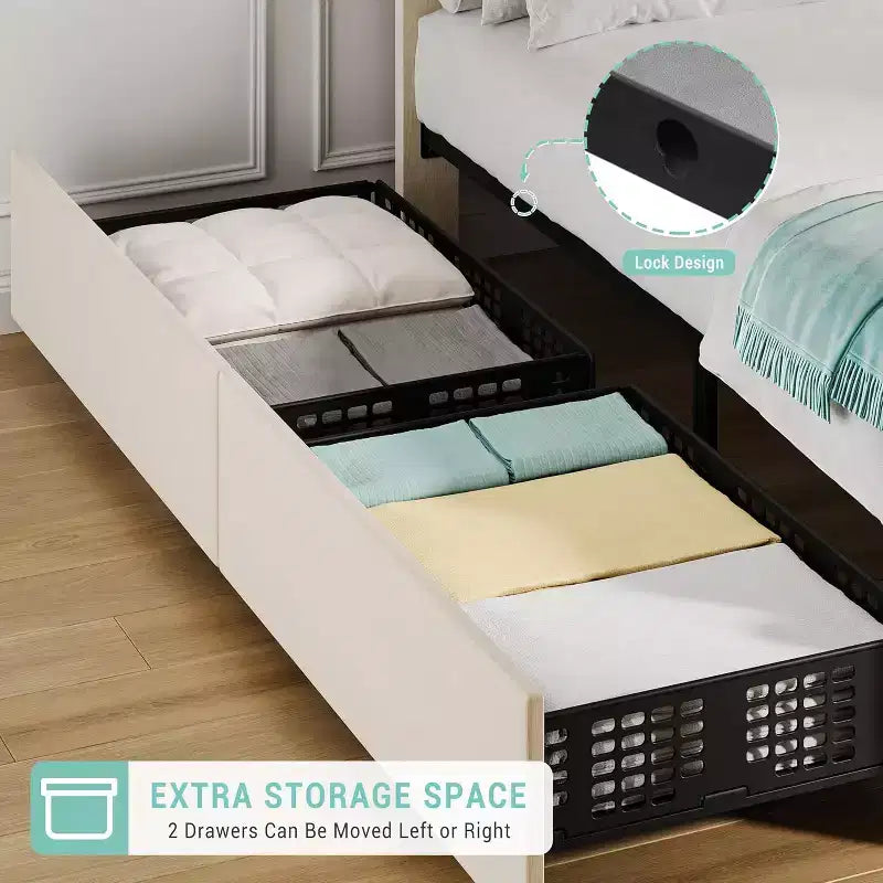 Struttura Letto Queen Size con Testiera Regolabile e 4 Cassetti Contenitore, Struttura Letto Imbottita in Tessuto con Doghe in Legno