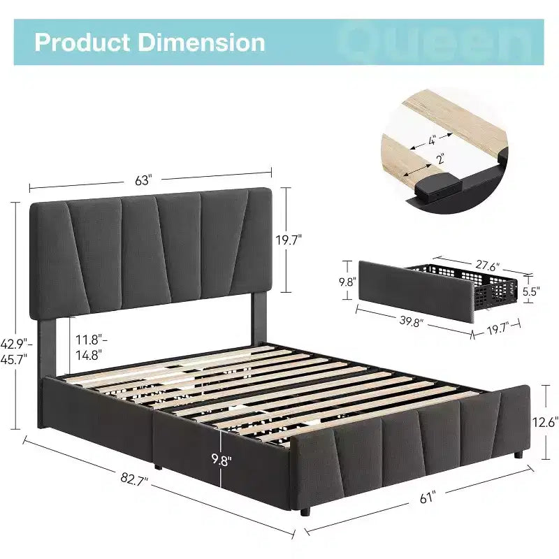 Struttura Letto Queen Size con Testiera Regolabile e 4 Cassetti Contenitore, Struttura Letto Imbottita in Tessuto con Doghe in Legno