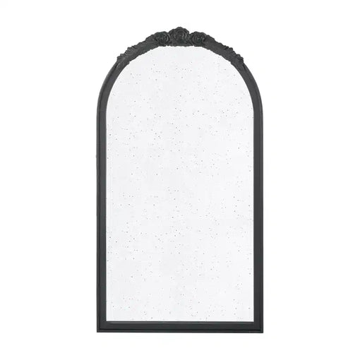 Specchio da parete ad arco intagliato a mano con rose, 23 x 42 pollici, cornice nera