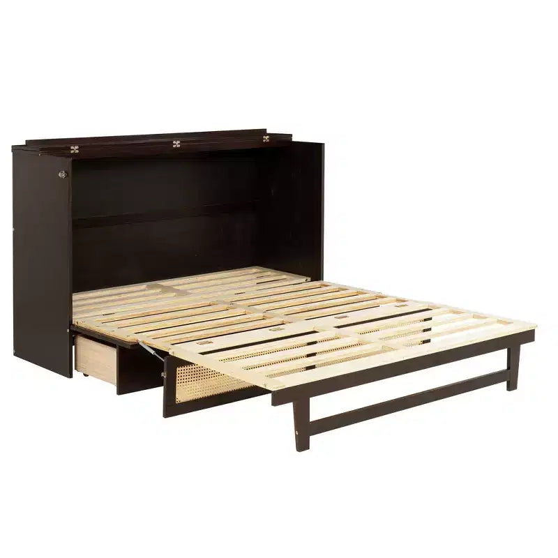 Letto a scomparsa Queen Size in legno di pino con decorazioni in rattan e cassetti contenitore