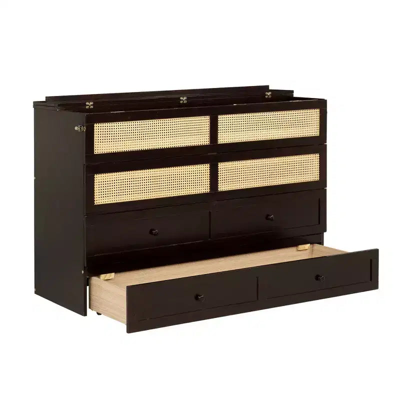 Letto a scomparsa Queen Size in legno di pino con decorazioni in rattan e cassetti contenitore