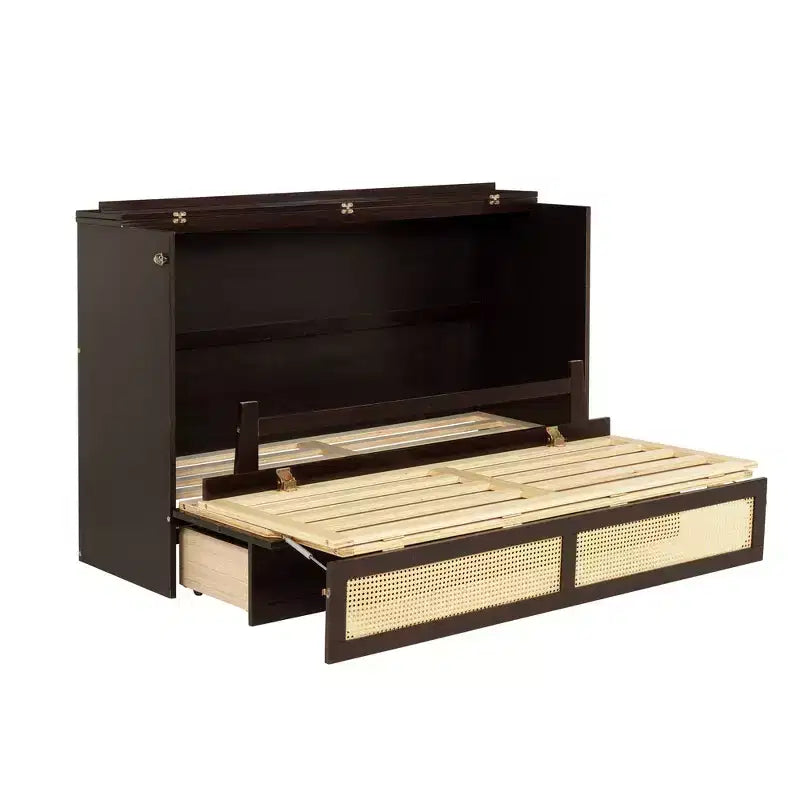 Letto a scomparsa Queen Size in legno di pino con decorazioni in rattan e cassetti contenitore