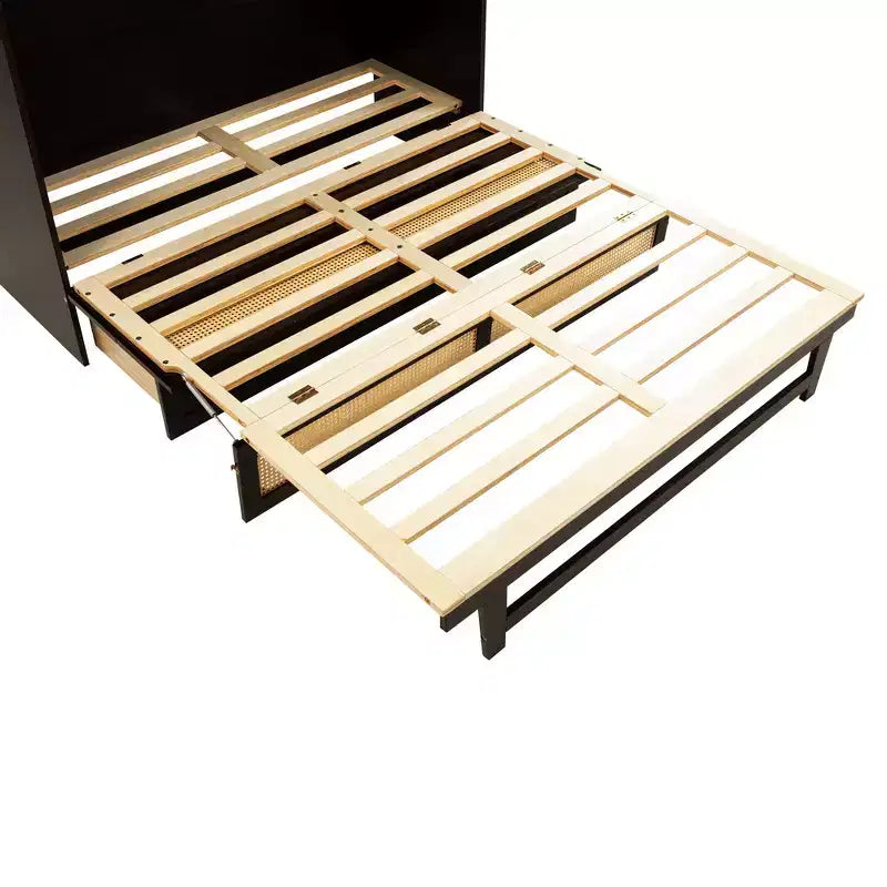 Letto a scomparsa Queen Size in legno di pino con decorazioni in rattan e cassetti contenitore