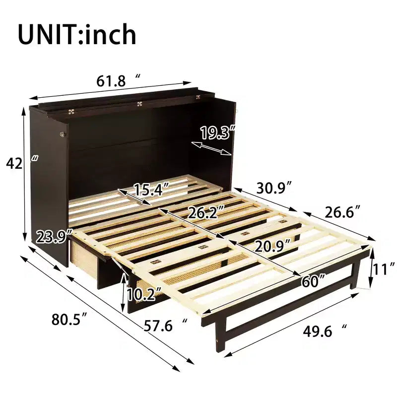 Letto a scomparsa Queen Size in legno di pino con decorazioni in rattan e cassetti contenitore