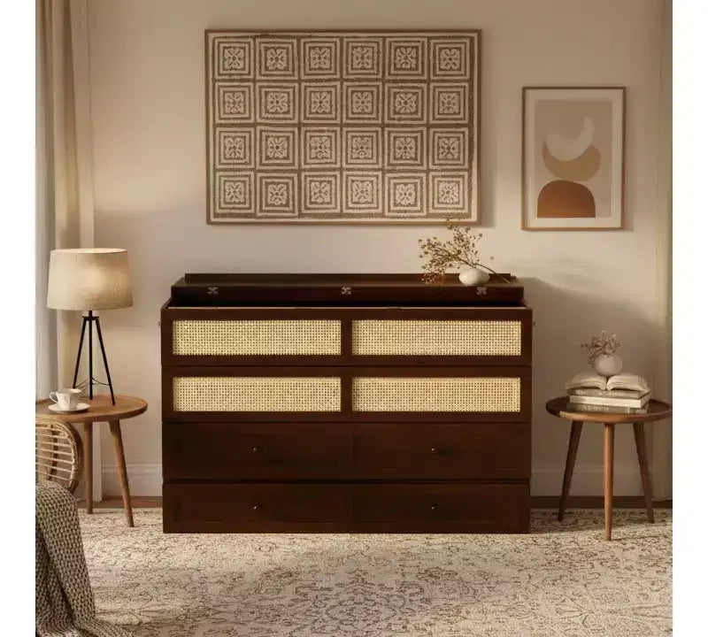 Letto a scomparsa Queen Size in legno di pino con decorazioni in rattan e cassetti contenitore