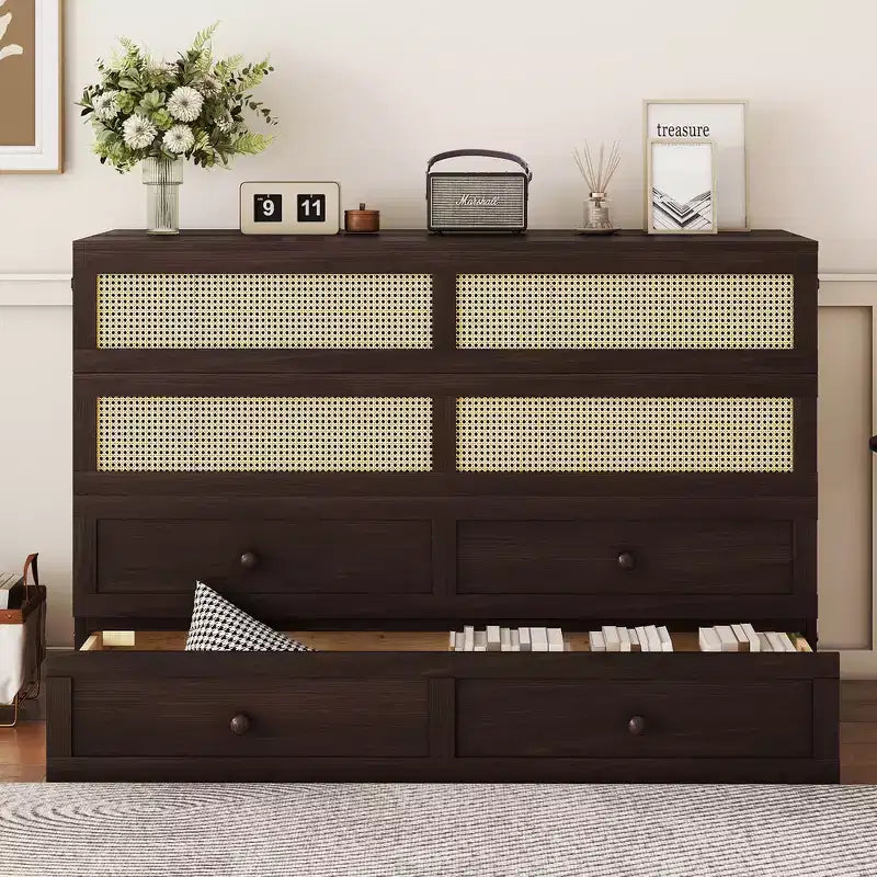 Letto a scomparsa Queen Size in legno di pino con decorazioni in rattan e cassetti contenitore