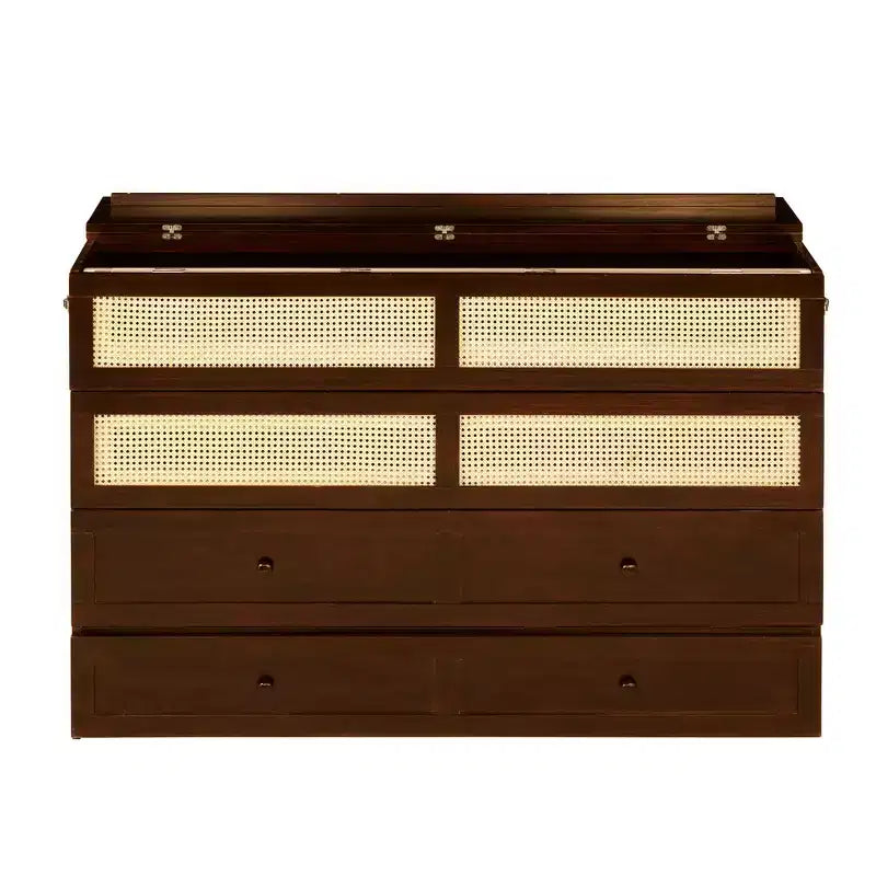 Letto a scomparsa Queen Size in legno di pino con decorazioni in rattan e cassetti contenitore