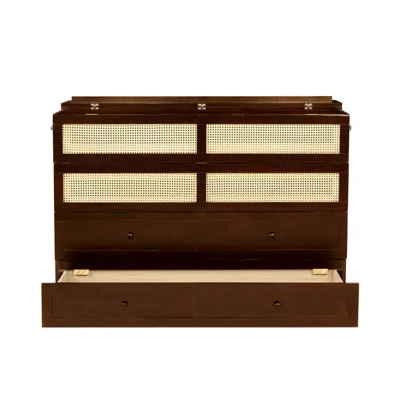 Letto a scomparsa Queen Size in legno di pino con decorazioni in rattan e cassetti contenitore