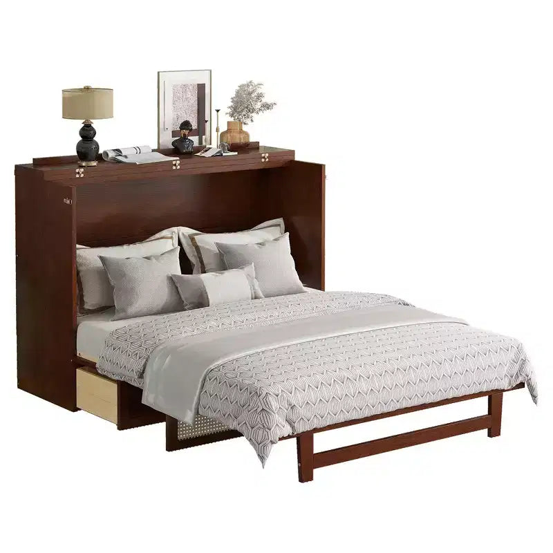 Letto a scomparsa Queen Size in legno di pino con decorazioni in rattan e cassetti contenitore