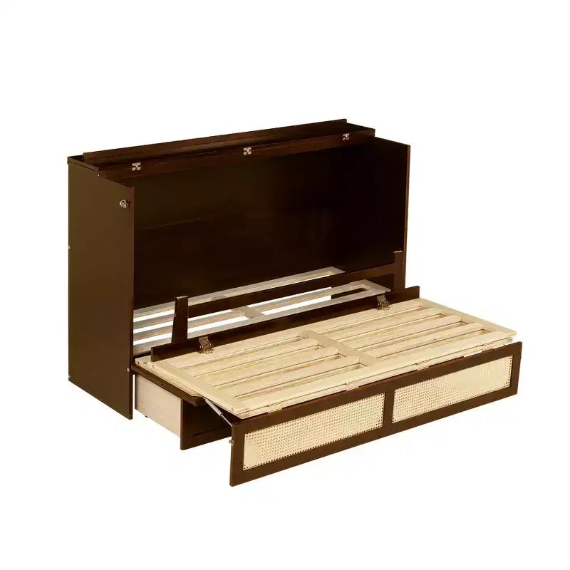 Letto a scomparsa Queen Size in legno di pino con decorazioni in rattan e cassetti contenitore