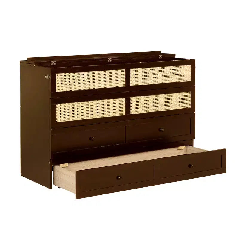 Letto a scomparsa Queen Size in legno di pino con decorazioni in rattan e cassetti contenitore
