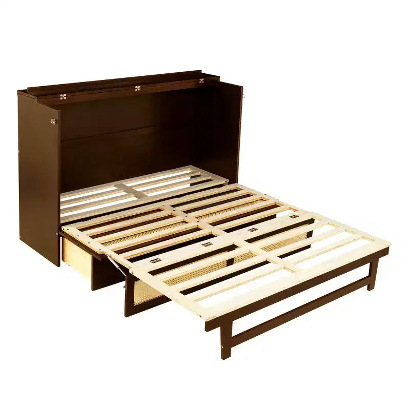 Letto a scomparsa Queen Size in legno di pino con decorazioni in rattan e cassetti contenitore