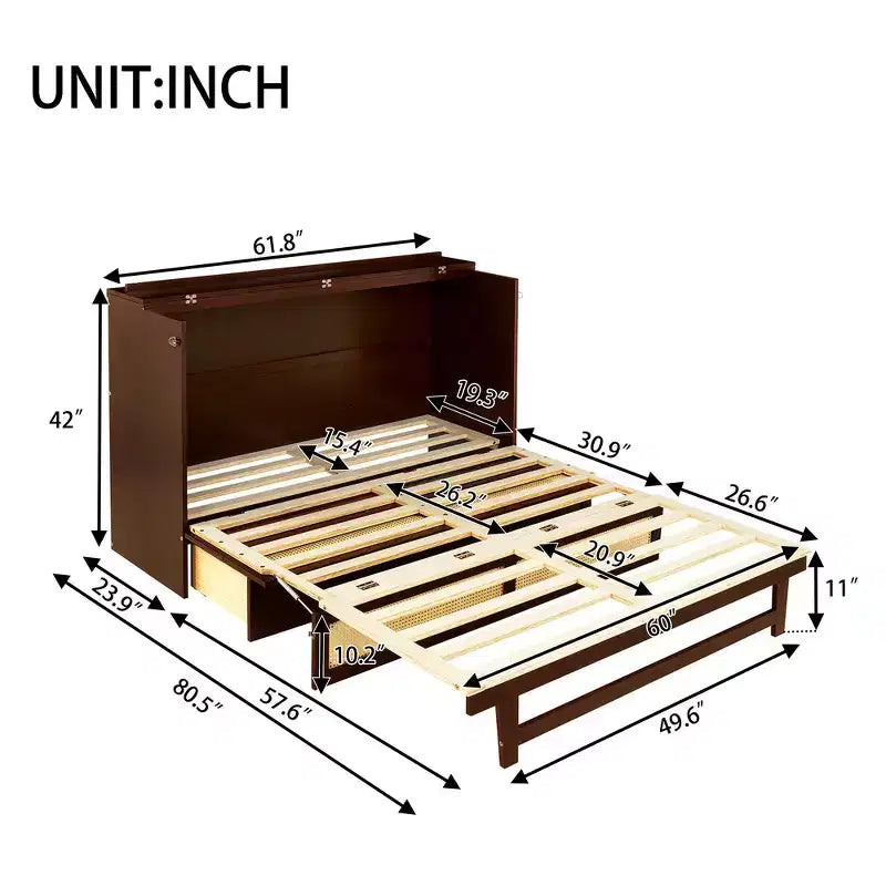 Letto a scomparsa Queen Size in legno di pino con decorazioni in rattan e cassetti contenitore