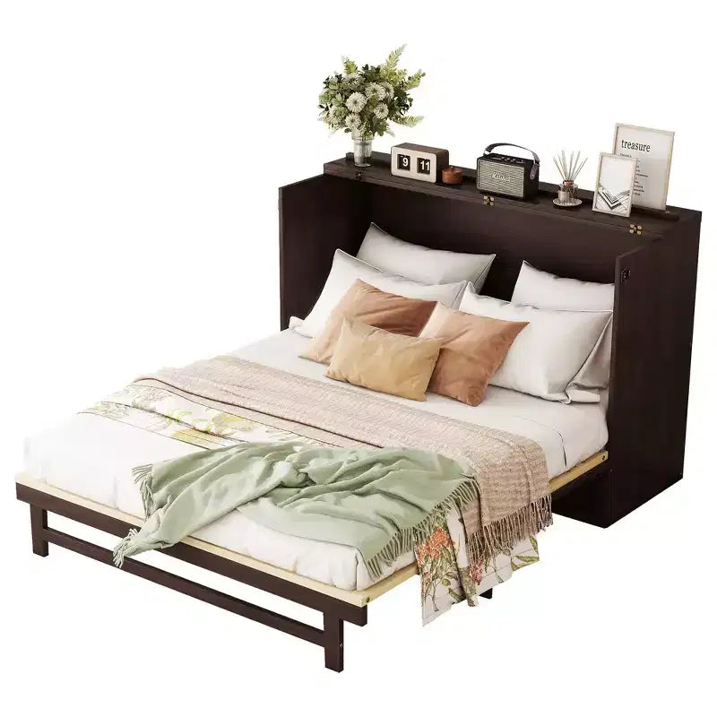 Letto a scomparsa Queen Size in legno di pino con decorazioni in rattan e cassetti contenitore