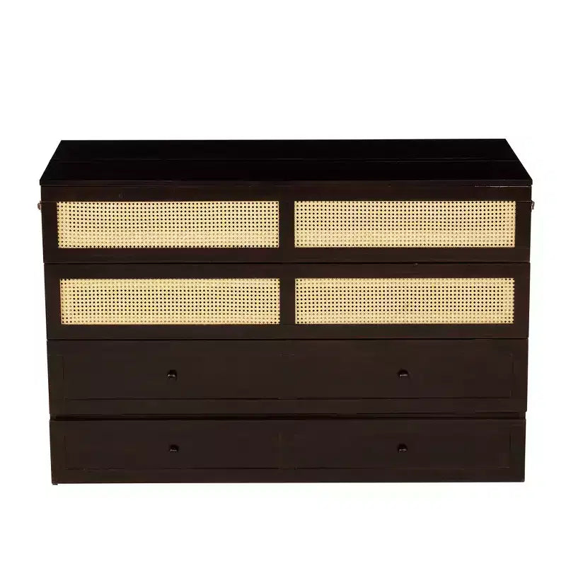 Letto a scomparsa Queen Size in legno di pino con decorazioni in rattan e cassetti contenitore