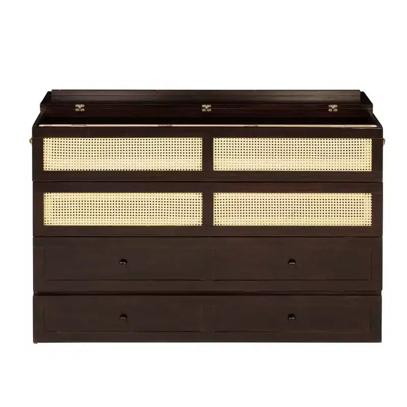 Letto a scomparsa Queen Size in legno di pino con decorazioni in rattan e cassetti contenitore