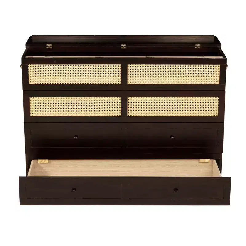 Letto a scomparsa Queen Size in legno di pino con decorazioni in rattan e cassetti contenitore