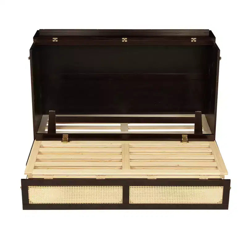Letto a scomparsa Queen Size in legno di pino con decorazioni in rattan e cassetti contenitore