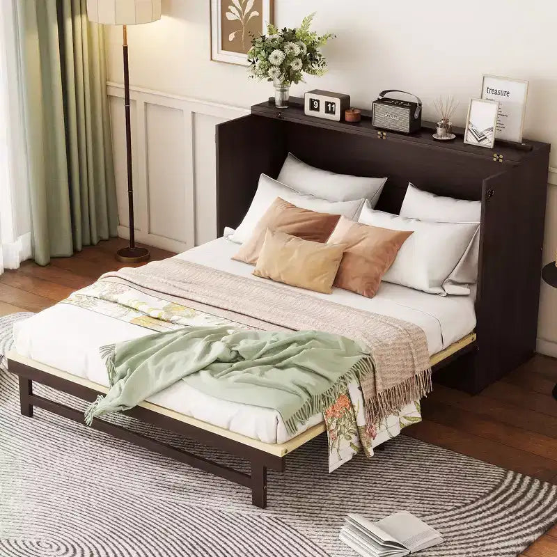 Whisen Queen Size Pine Wood Murphy Bed with Rattan Decoration & Storage Drawer