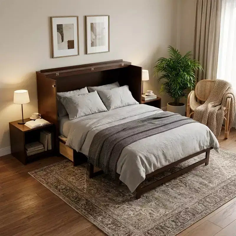 Letto a scomparsa Queen Size in legno di pino con decorazioni in rattan e cassetti contenitore