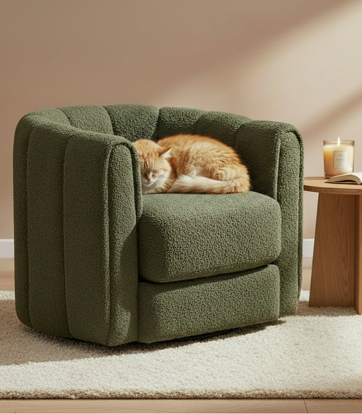 Modern Swivel Accent Chair, 360Rotating Barrel Armchair with Striped Backrest, Round Lounge Chair, Comfy Reading Chair for Bedroom Nursery, Green