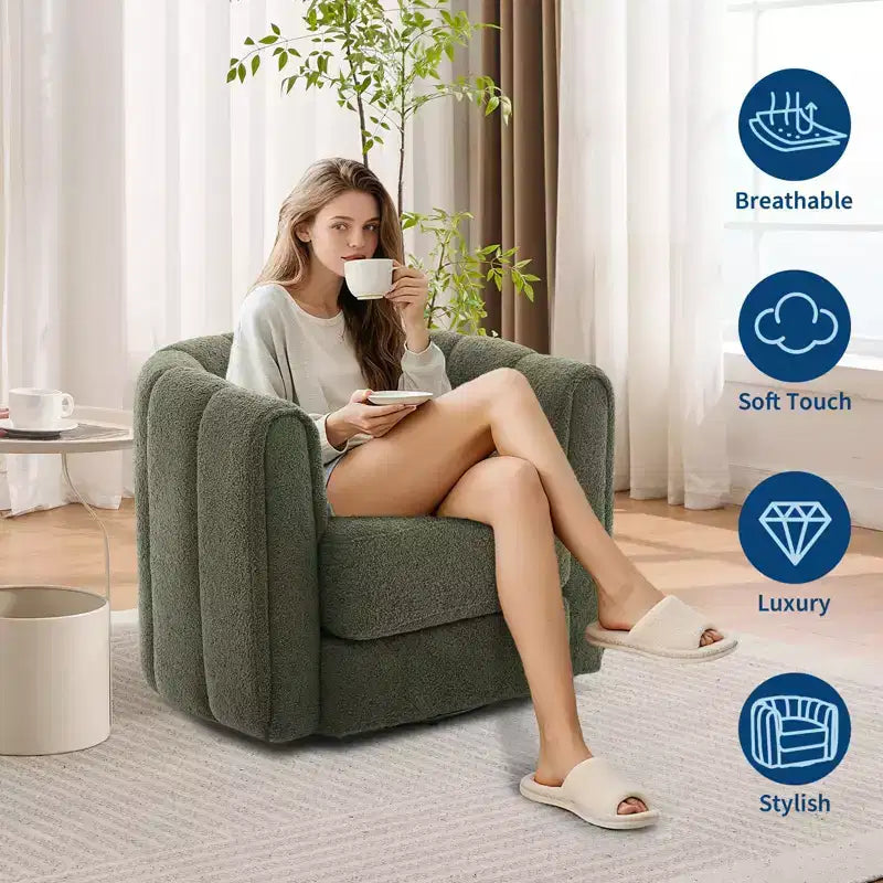 Poltrona moderna girevole, poltrona a barilotto girevole a 360° con schienale a righe, poltrona lounge rotonda, comoda poltrona da lettura per camera da letto e cameretta, verde