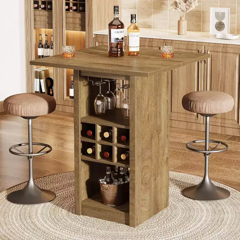 Lantine 31.5-Inch Square Bar Table, 4-Tier Wood Counter Height Home Bar Unit with Glass Holders, Wine Racks and Storage Shelves for Bistro